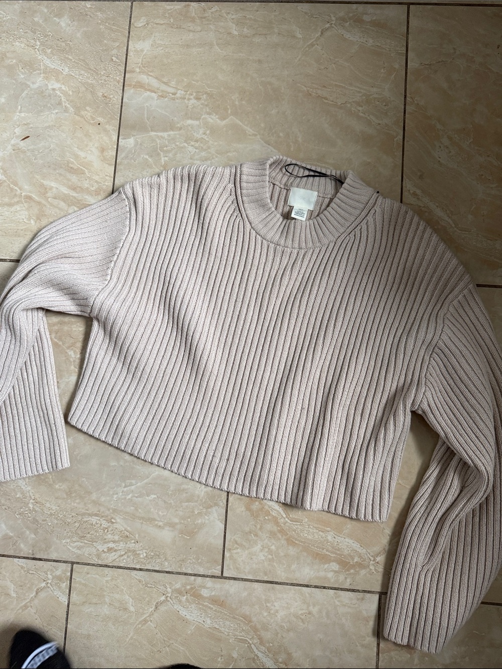 H&M Ribbed Cropped Crewneck Sweater - Light Beige